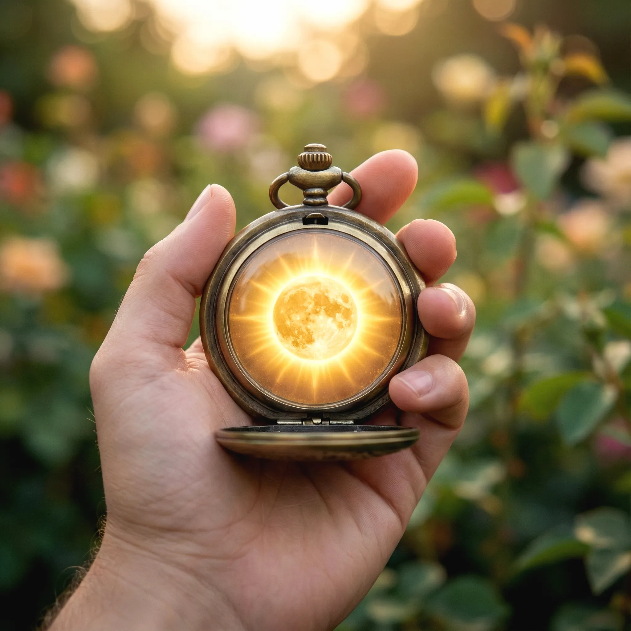 Primer plano cuadrado de un reloj de bolsillo antiguo donde, en lugar de horas, hay un sol brillante, simbolizando que el único momento real es el presente y que debemos vivir con simplicidad y luz.