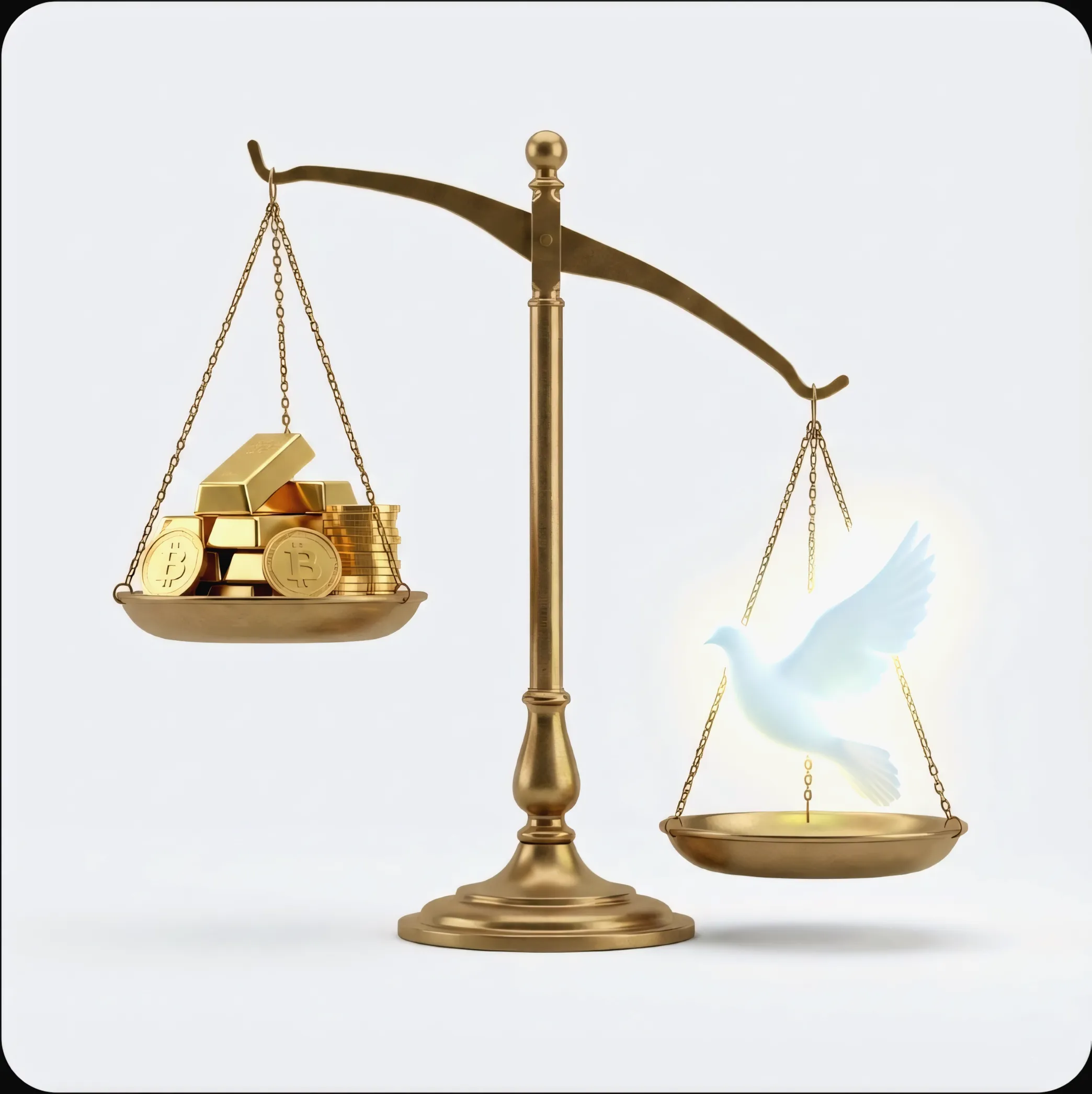 Ilustración conceptual de una balanza donde una paloma brillante (símbolo de paz y espíritu) pesa más que un montón de oro y criptomonedas, demostrando el valor superior de la riqueza espiritual.