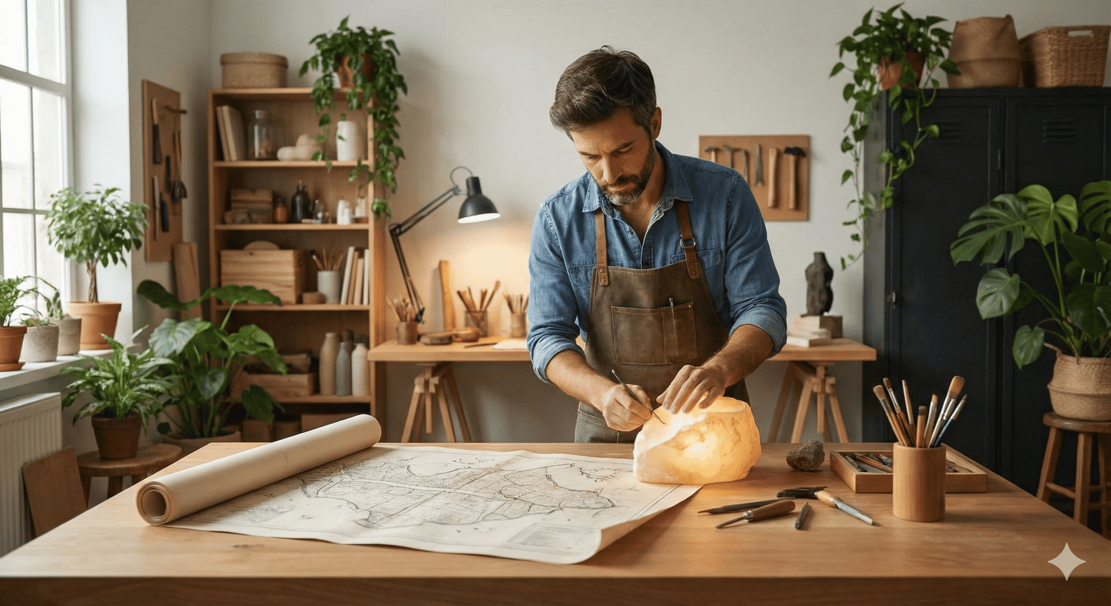 Hombre artesano con delantal de cuero trabajando en una escultura de piedra iluminada dentro de un taller luminoso lleno de plantas y herramientas.