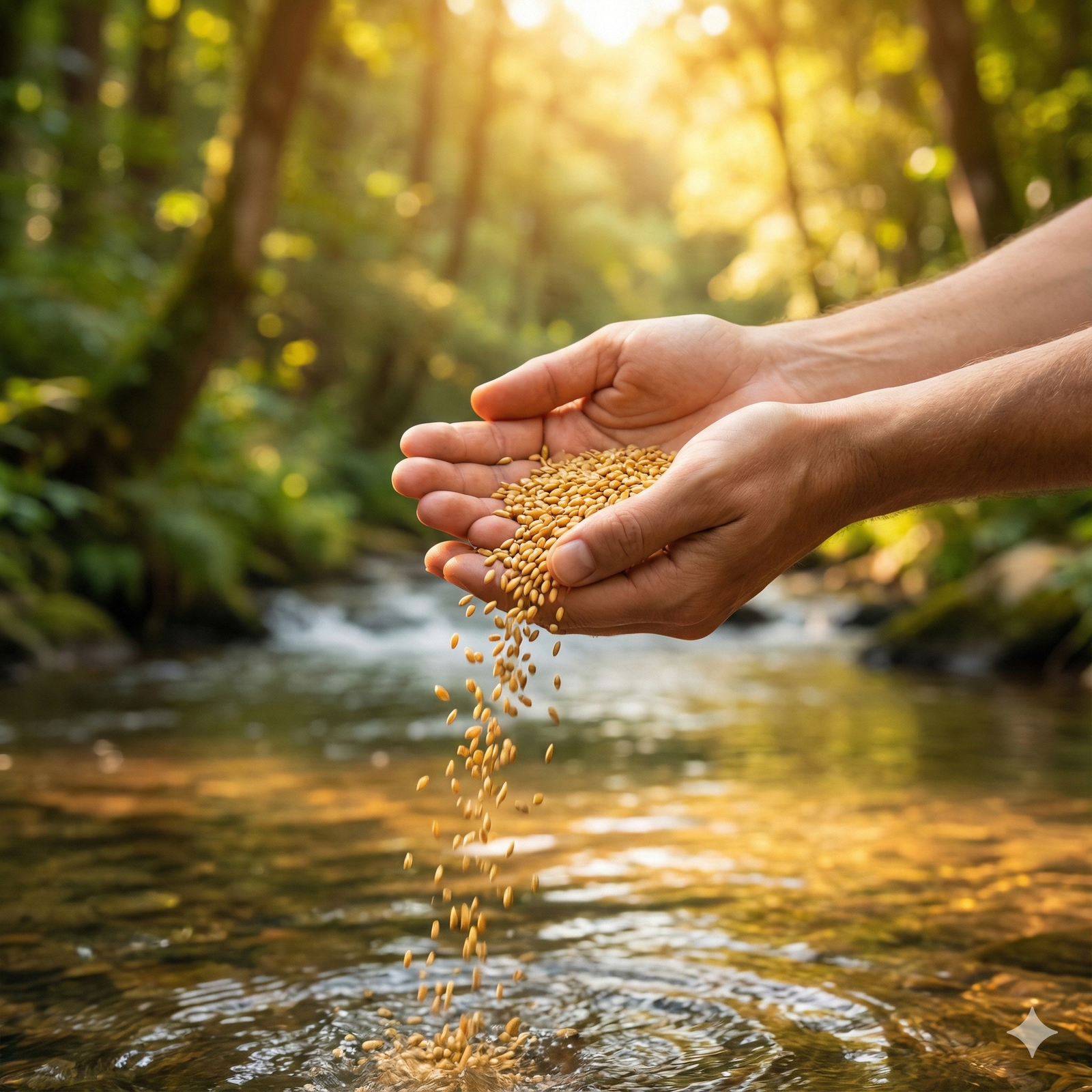Primer plano de unas manos abiertas soltando una cascada de semillas doradas sobre un río que fluye, en un bosque iluminado por la luz cálida del sol al atardecer, simbolizando el acto de dar con desapego y la fluidez de la abundancia.