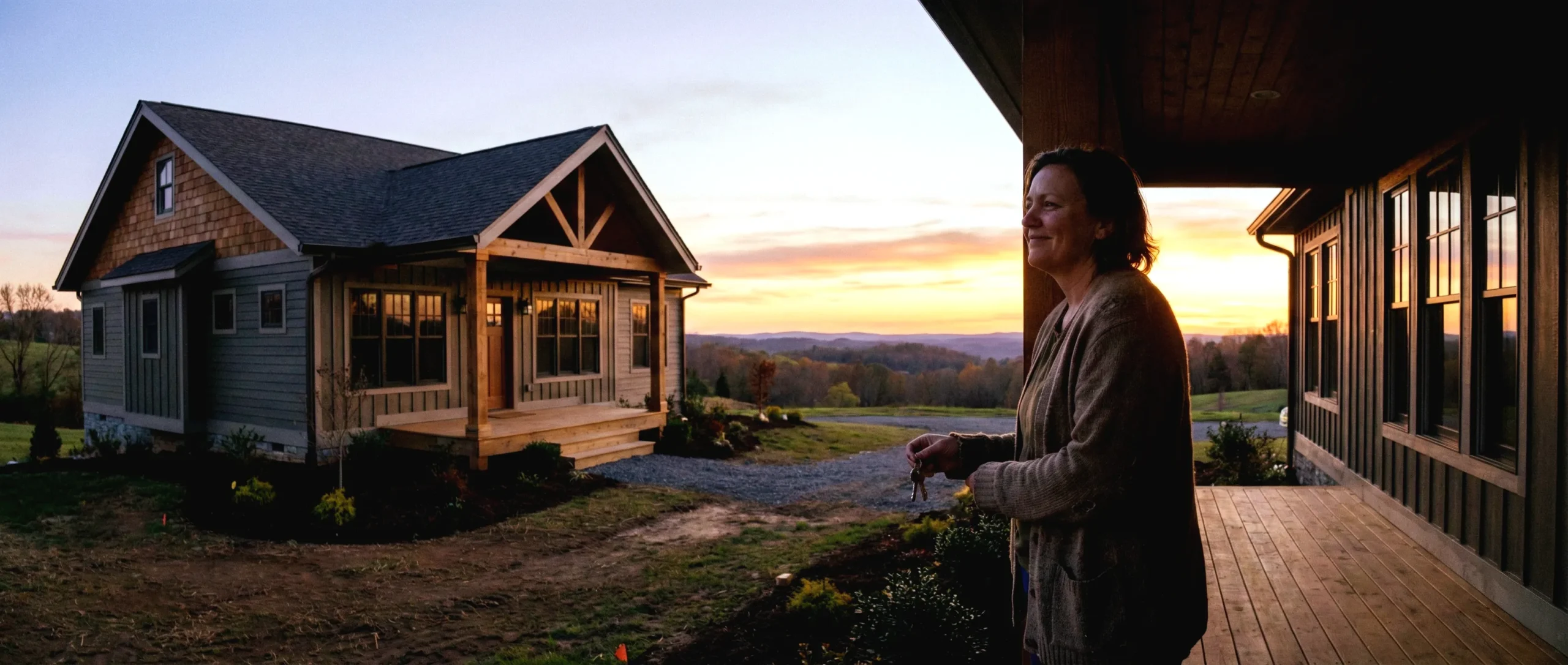 Fotografía cinematográfica de una persona parada en el porche de su nueva casa al atardecer, sosteniendo las llaves con gratitud, simbolizando que los logros llegan en el momento justo, ni antes ni después.