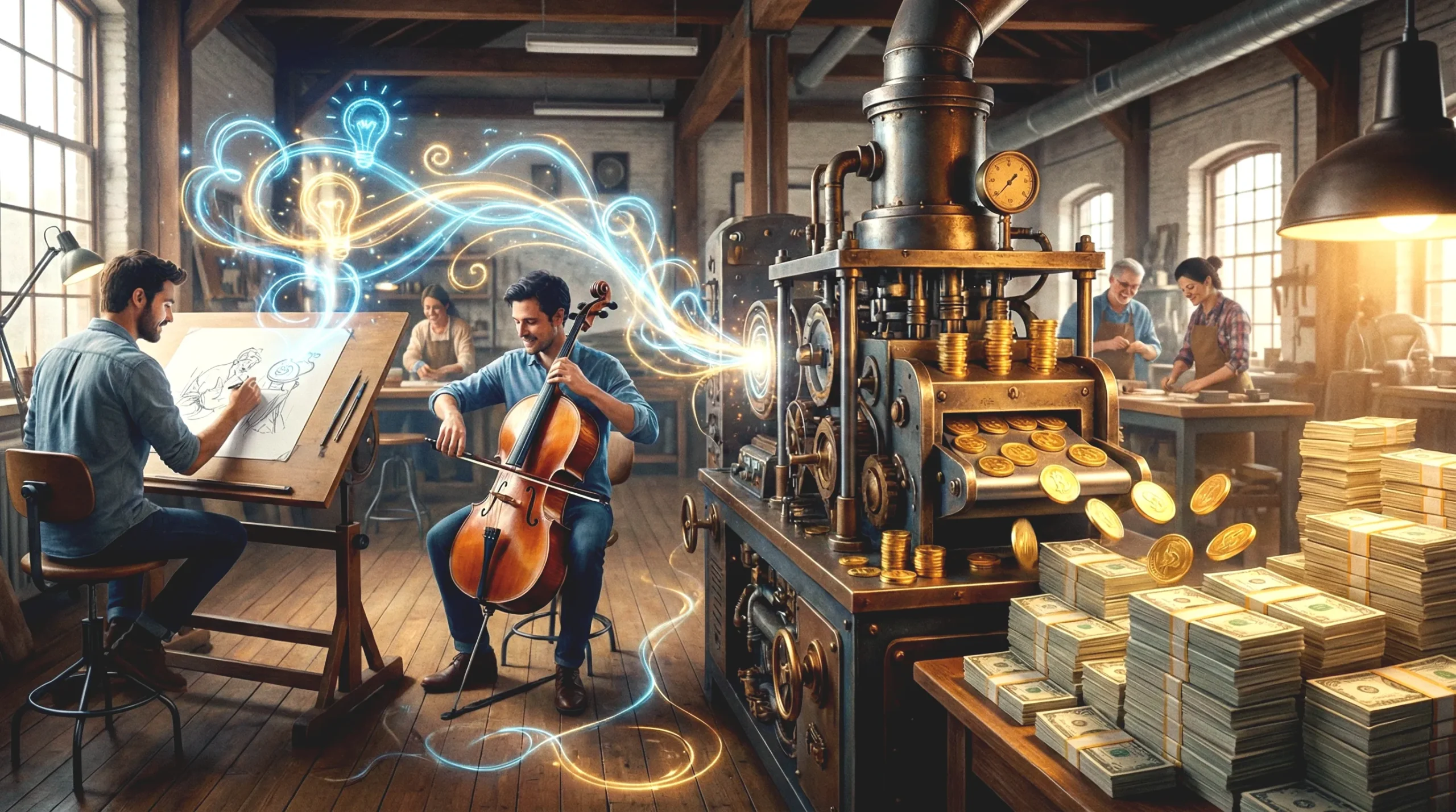 Ilustración de un artista dibujando y un músico tocando el cello, cuya energía creativa fluye hacia una máquina que la transforma en monedas de oro y fajos de billetes.