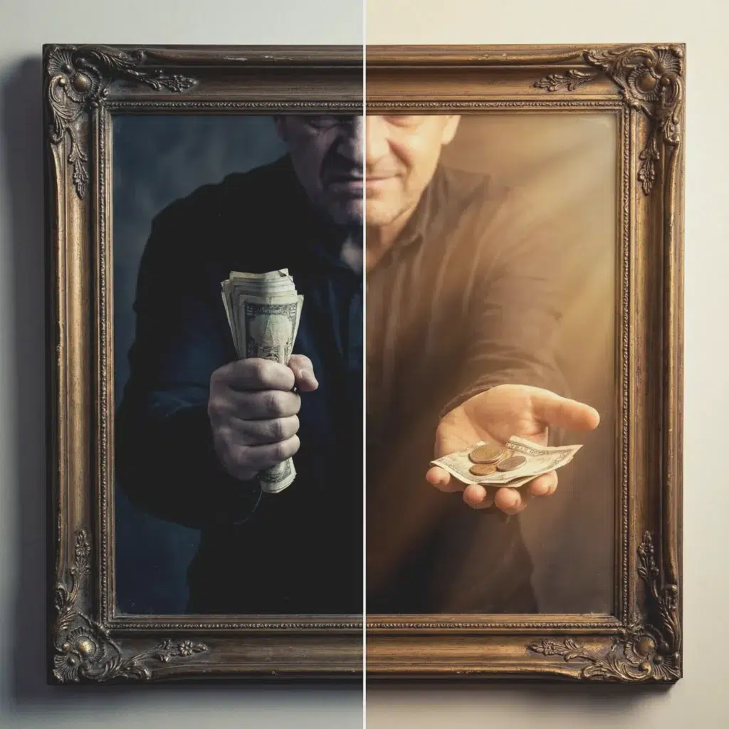 Imagen conceptual cuadrada que muestra un espejo dividido; una mitad refleja una mano egoísta aferrada al dinero en la oscuridad, y la otra mitad muestra una mano generosa ofreciendo dinero en la luz, simbolizando cómo el dinero refleja nuestros valores internos.