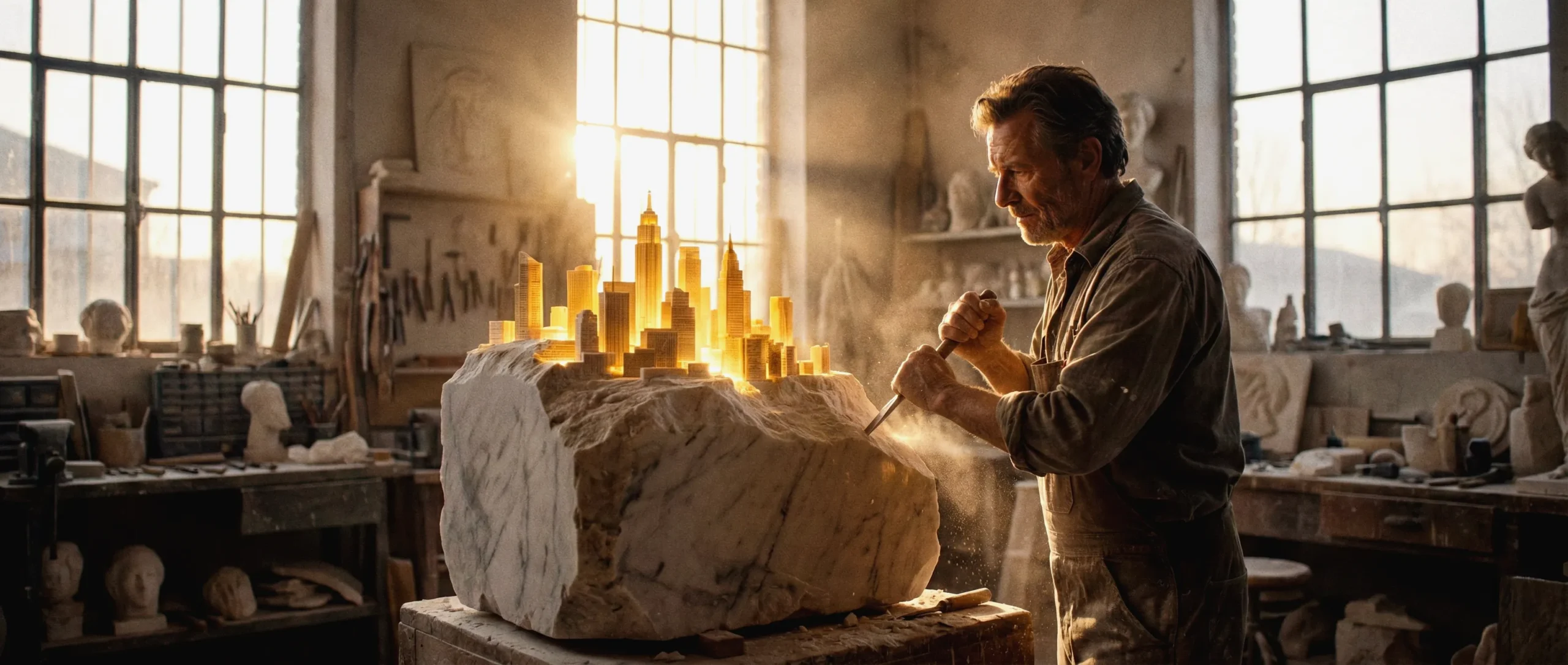 Fotografía panorámica de un escultor trabajando en un bloque de piedra del cual emerge una ciudad brillante y próspera, simbolizando que cada persona es el escultor de su propio destino y abundancia a través de sus acciones y mentalidad
