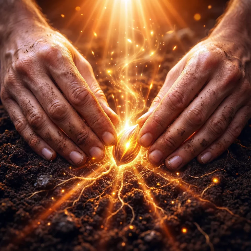 Fotografía panorámica de un escultor trabajando en un bloque de piedra del cual emerge una ciudad brillante y próspera, simbolizando que cada persona es el escultor de su propio destino y abundancia a través de sus acciones y mentalidad