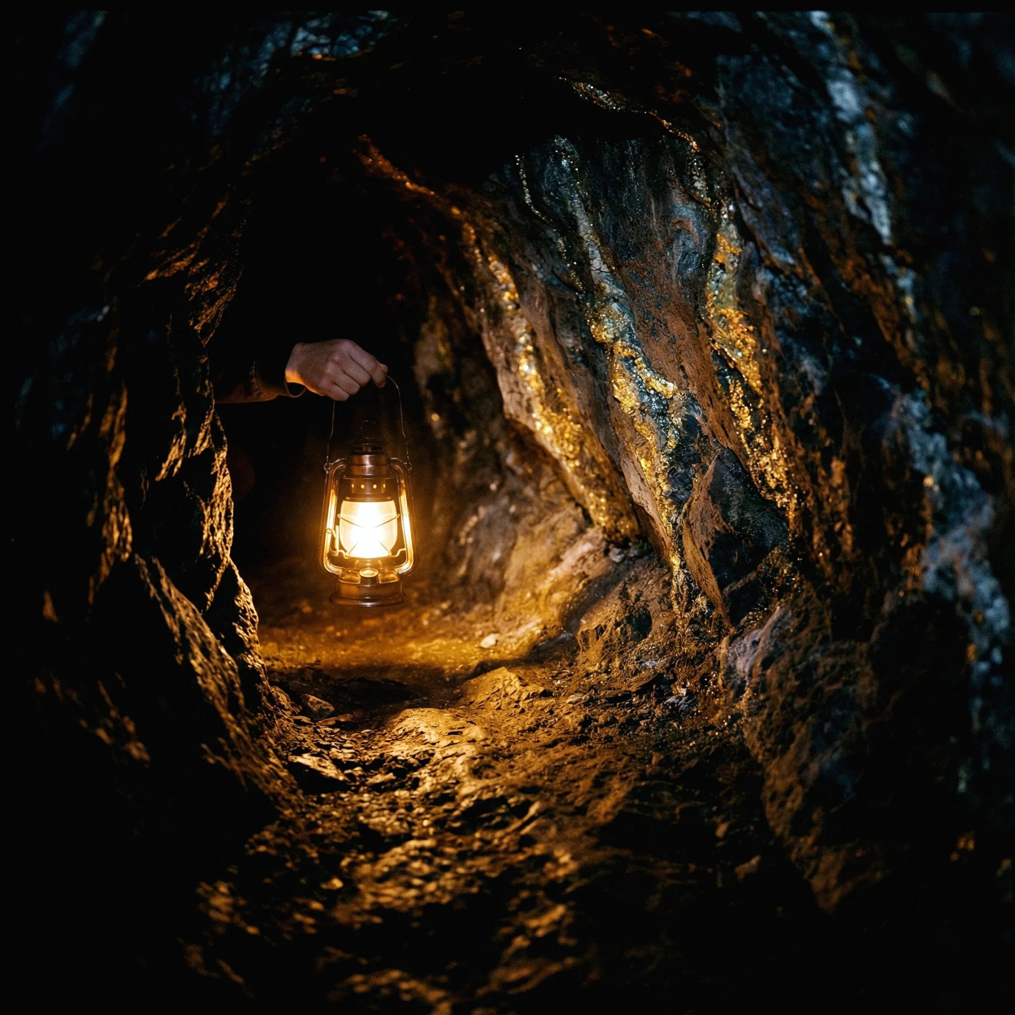 Primer plano cuadrado de una mano sosteniendo una linterna antigua encendida dentro de una cueva oscura; la luz cálida revela el camino y disipa las sombras, representando cómo la fe guía paso a paso en la oscuridad.