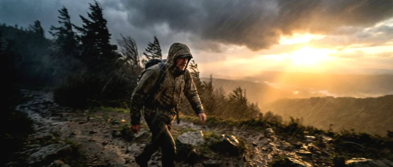 Fotografía cinematográfica de una persona caminando con determinación a través de una tormenta, rompiendo la barrera de la lluvia hacia un amanecer dorado, simbolizando la perseverancia ante la adversidad.