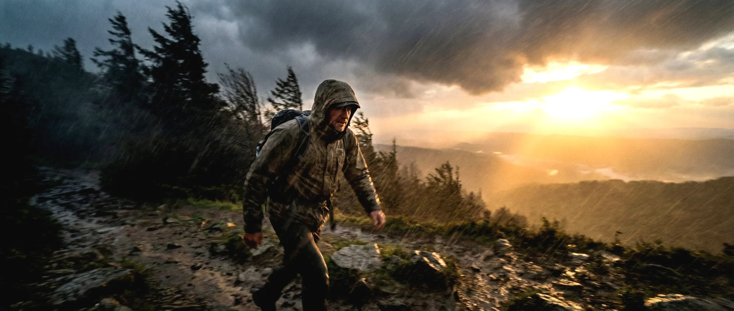 Fotografía cinematográfica de una persona caminando con determinación a través de una tormenta, rompiendo la barrera de la lluvia hacia un amanecer dorado, simbolizando la perseverancia ante la adversidad.
