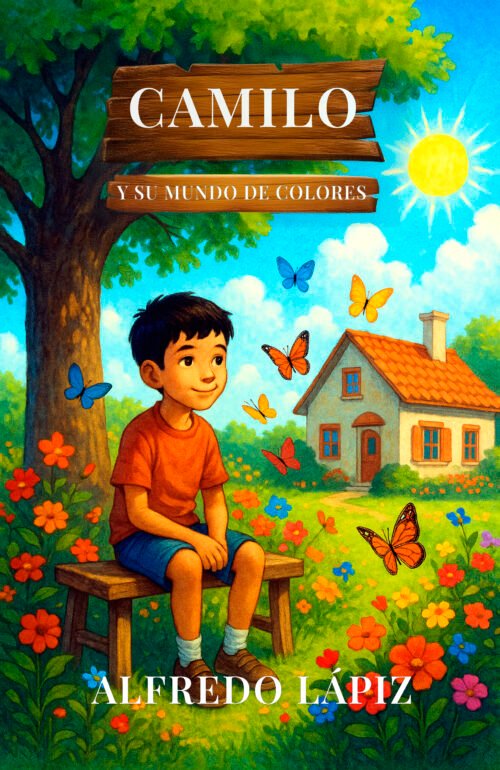 Portada del libro "Camilo y su mundo de colores" de Alfredo Lápiz. Un niño sonriente sentado en un jardín lleno de flores y mariposas bajo un sol brillante.