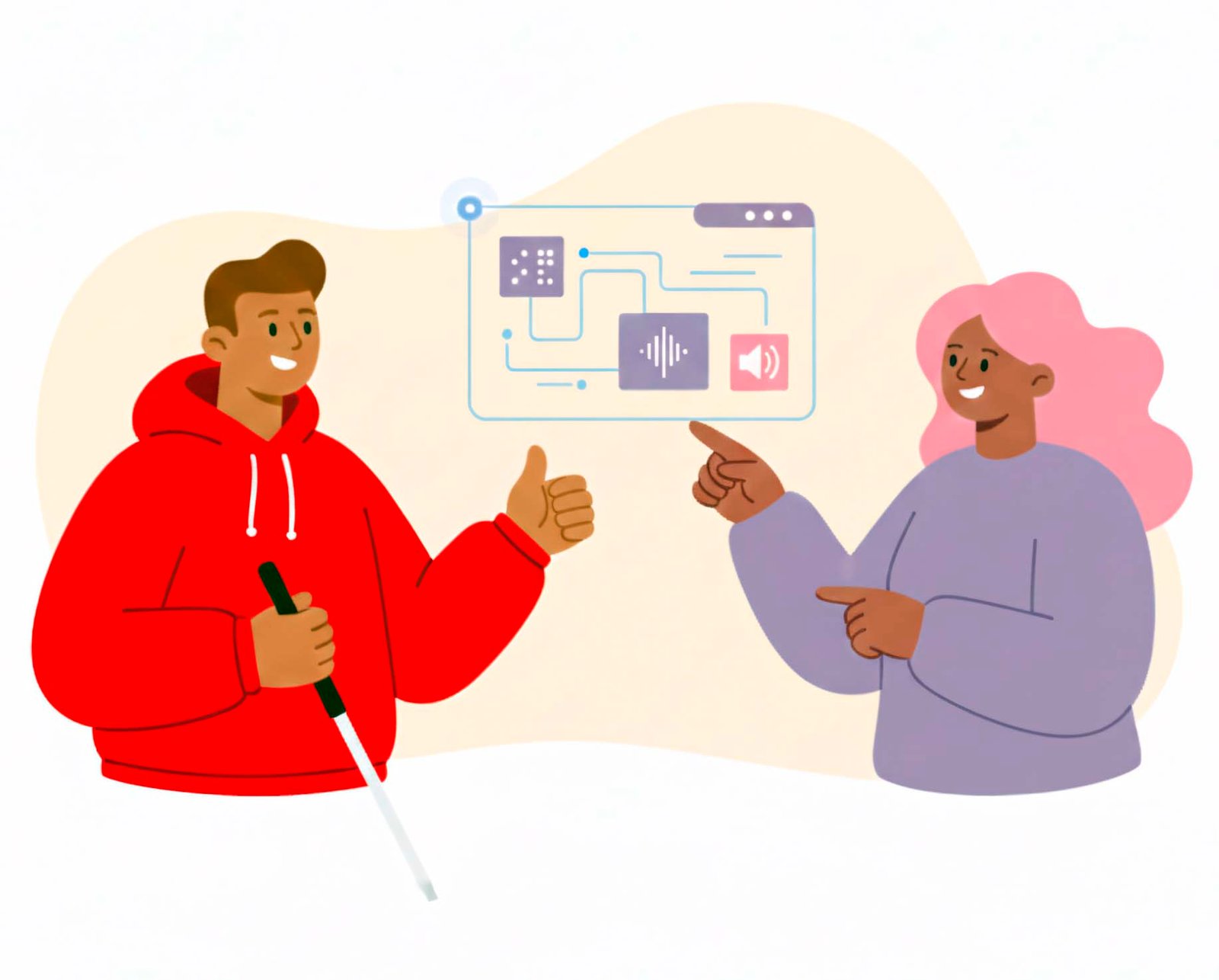 Un grupo diverso (hombres, mujeres y un niño) interactúan con entusiasmo alrededor de una pantalla holográfica que muestra un mapa cerebral y datos digitales. El ambiente es moderno y futurista. La mujer en primer plano sostiene un bastón blanco (símbolo de inclusión), mientras todos sonríen, representando la colaboración y el impacto positivo de la tiflotecnología en la vida de personas con discapacidad visual.