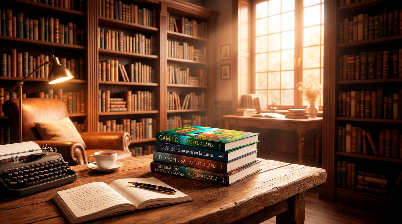 Fondo de librería clásica con libros, máquina de escribir y taza de café.