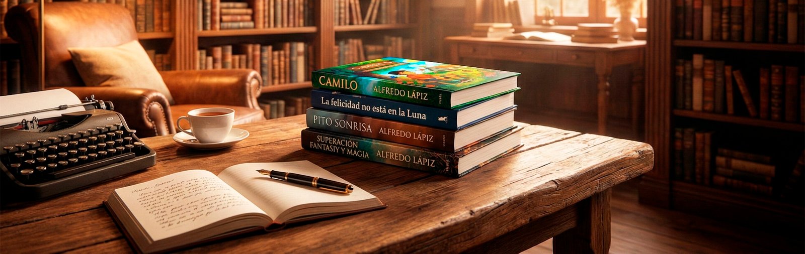 Ambiente de estudio y escritura en biblioteca con luz natural, pila de libros de ficción y no ficción, y un cuaderno abierto.