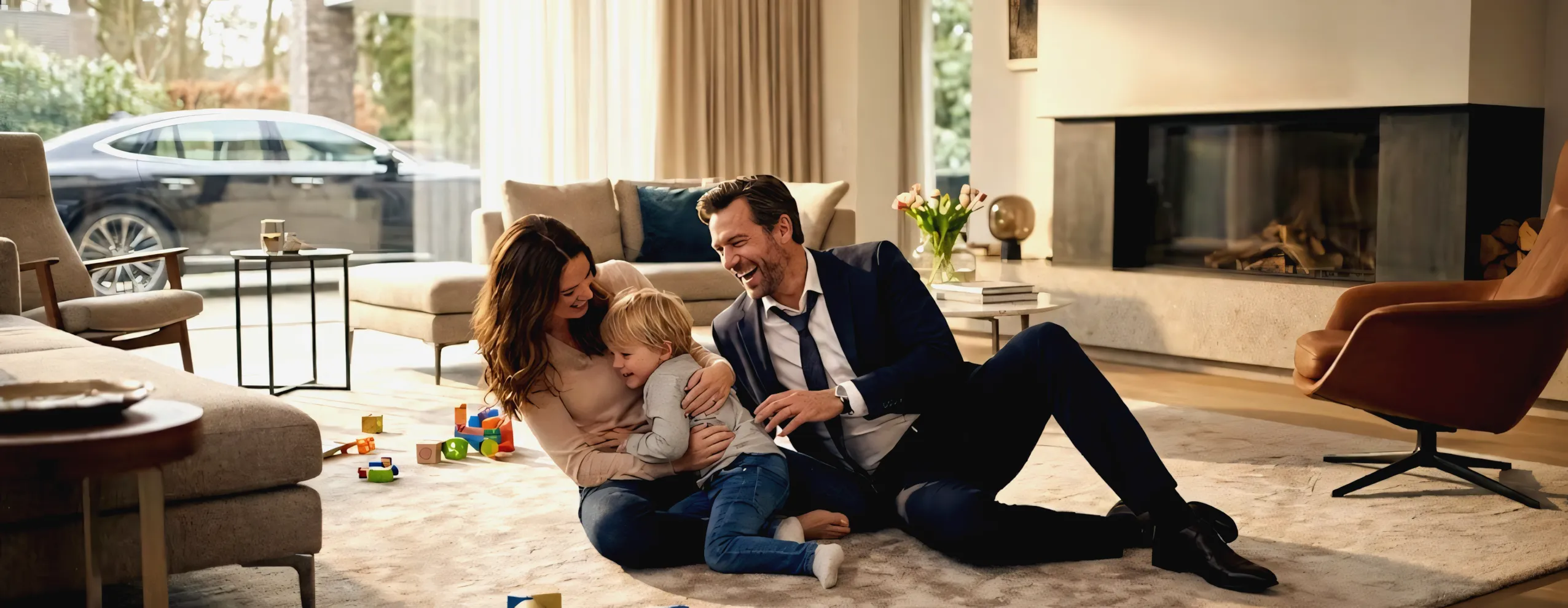Fotografía de un hombre exitoso jugando en el suelo con su familia; el entorno lujoso está desenfocado, resaltando que la verdadera riqueza es el amor familiar y no las posesiones materiales.