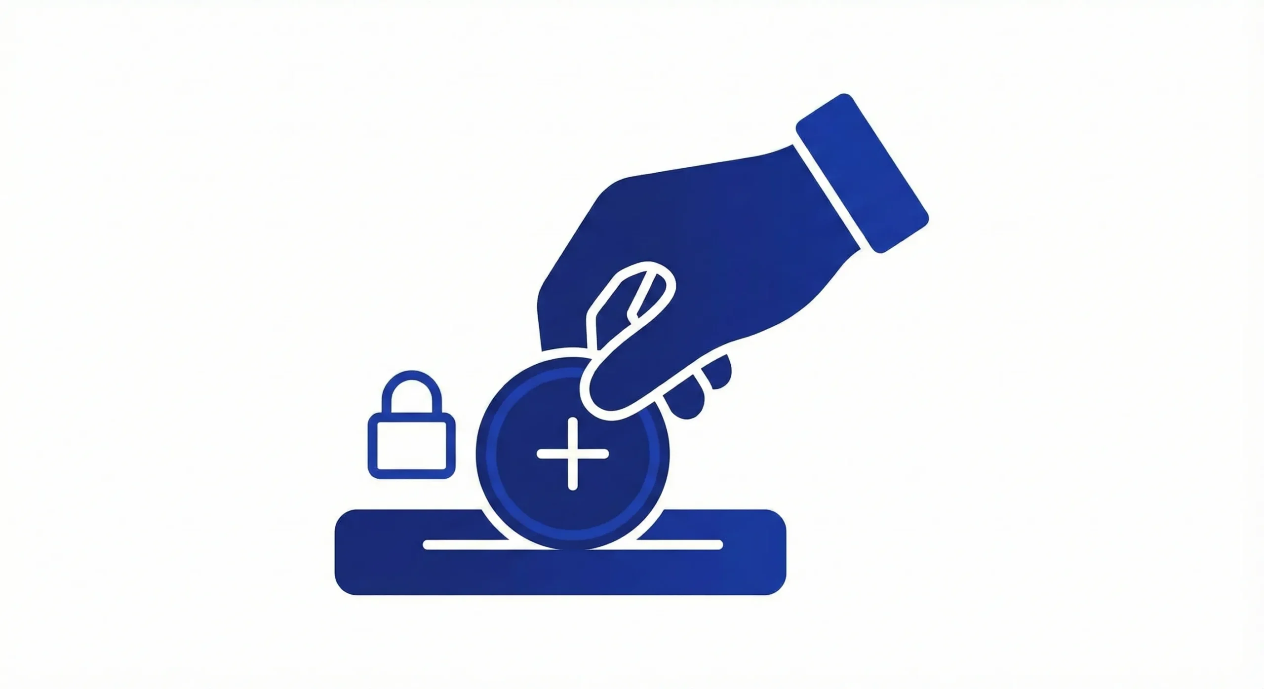 Ícono azul de una mano depositando una moneda con el símbolo más (+) en una ranura, representando un aporte financiero seguro.