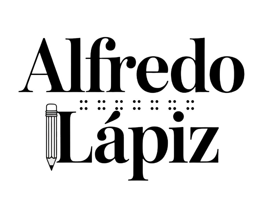 Logo tipográfico "Alfredo Lápiz" en color negro. La letra "i" de "Lápiz" está estilizada como un lápiz invertido y la tilde de la "á" simula la punta afilada del lápiz, integrando la iconografía del escritor directamente en la tipografía.