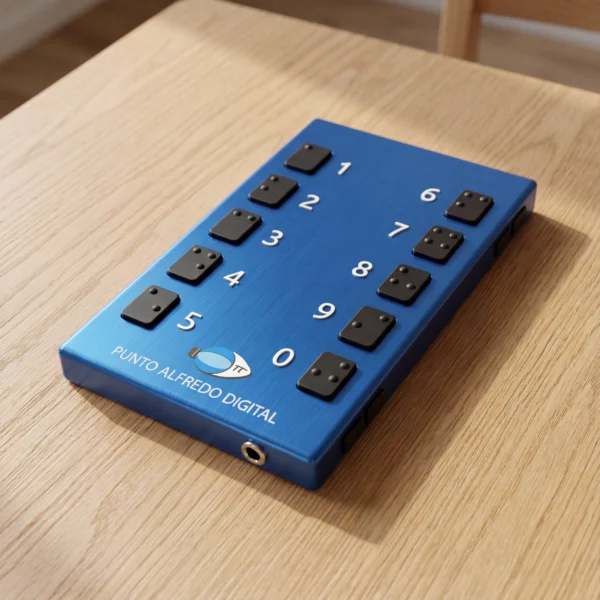 calculadora-braille Calculadora Braille de 4 botones diseñada por Alfredo Lápiz, conectada a un sistema de sonido masivo y moderno en un entorno de alta tecnología.