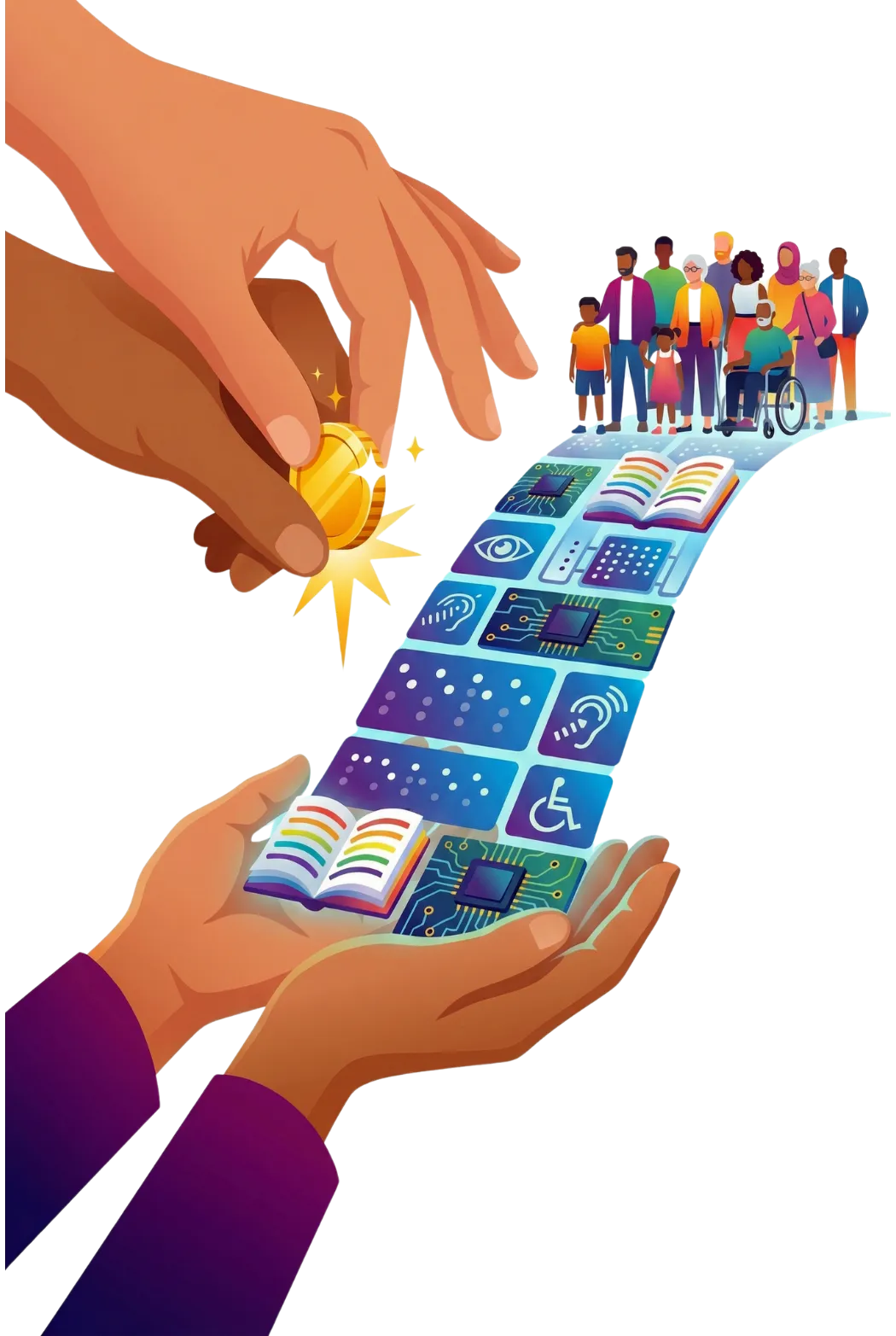 Ilustración vertical de una persona con discapacidad visual sonriendo mientras usa el Cuaderno Electrónico azul de Alfredo Lápiz, del cual emanan luces y símbolos en braille.