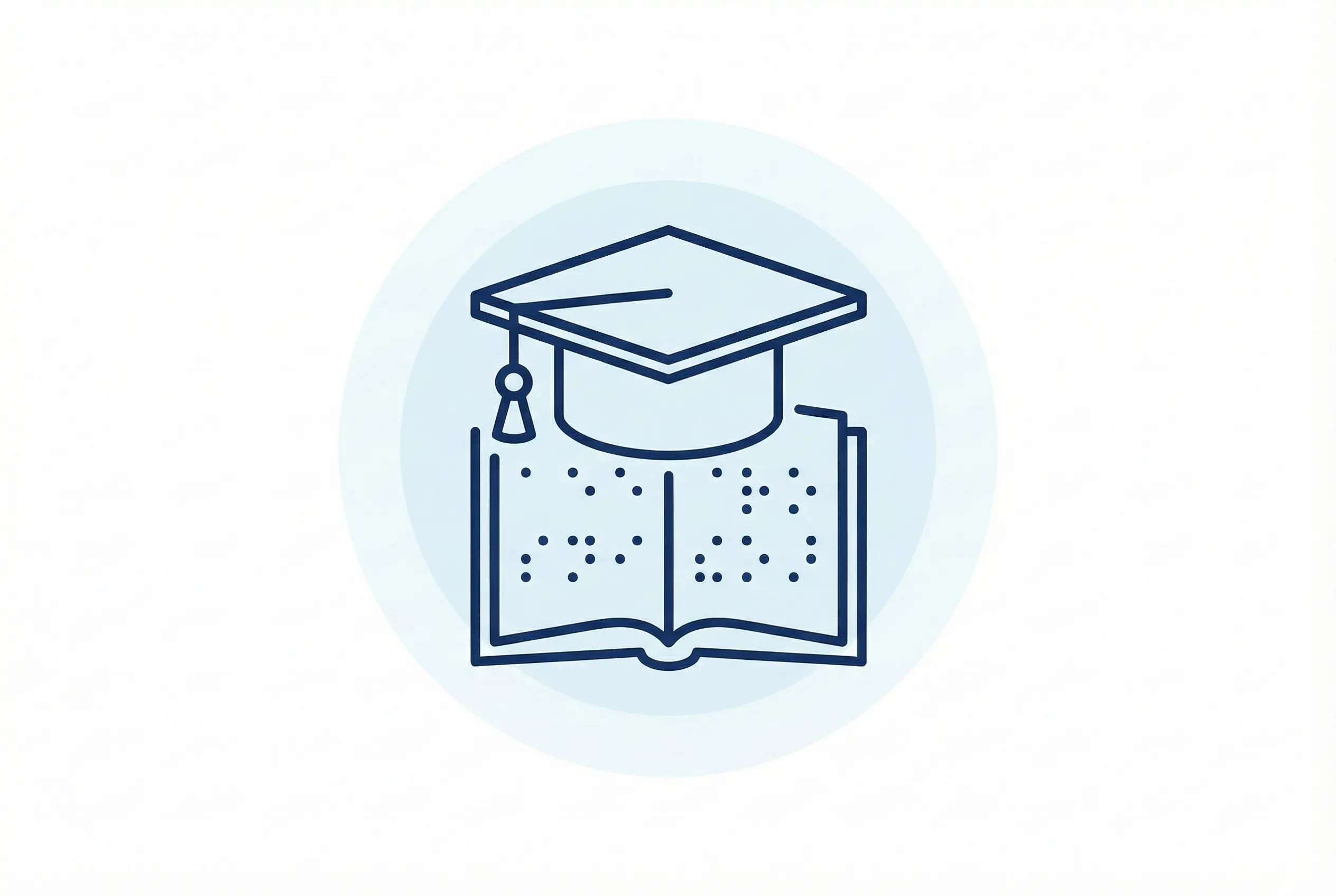 Icono de gorro de graduación sobre un libro abierto con puntos Braille.