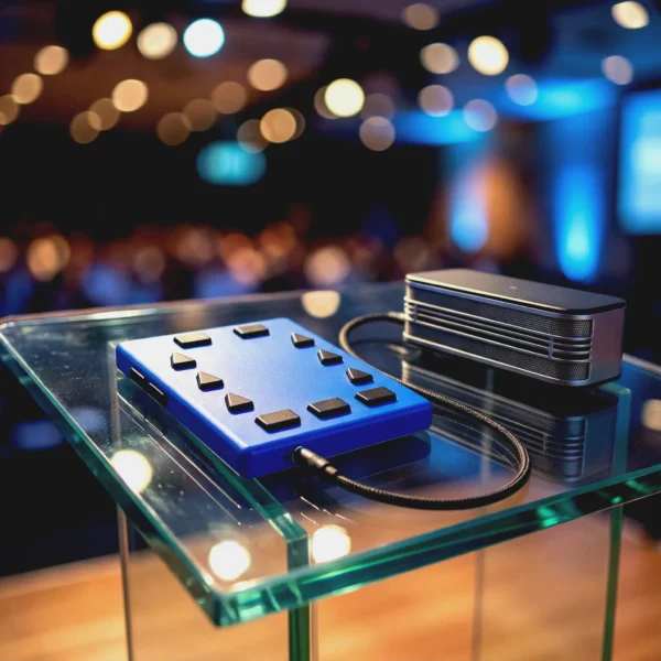 lapiztiflotecnologia Dispositivo electrónico azul con botones táctiles negros en forma de flecha, conectado a un altavoz sobre un pedestal de cristal.