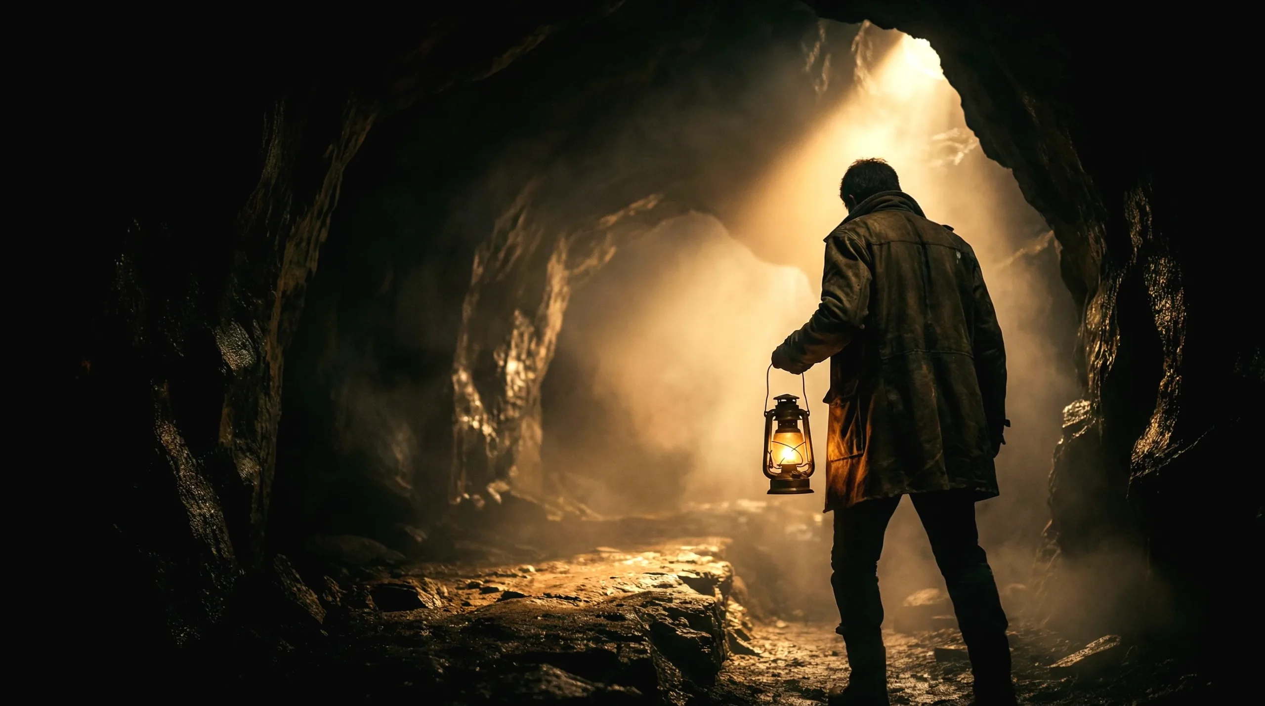 Persona caminando en la oscuridad con una linterna encendida, simbolizando la fe y la esperanza que iluminan el camino.