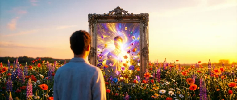 Fotografía cinematográfica de una persona mirándose en un espejo antiguo situado en medio de un paisaje neblinoso al amanecer, simbolizando la introspección y el aislamiento necesario para el autoconocimiento.