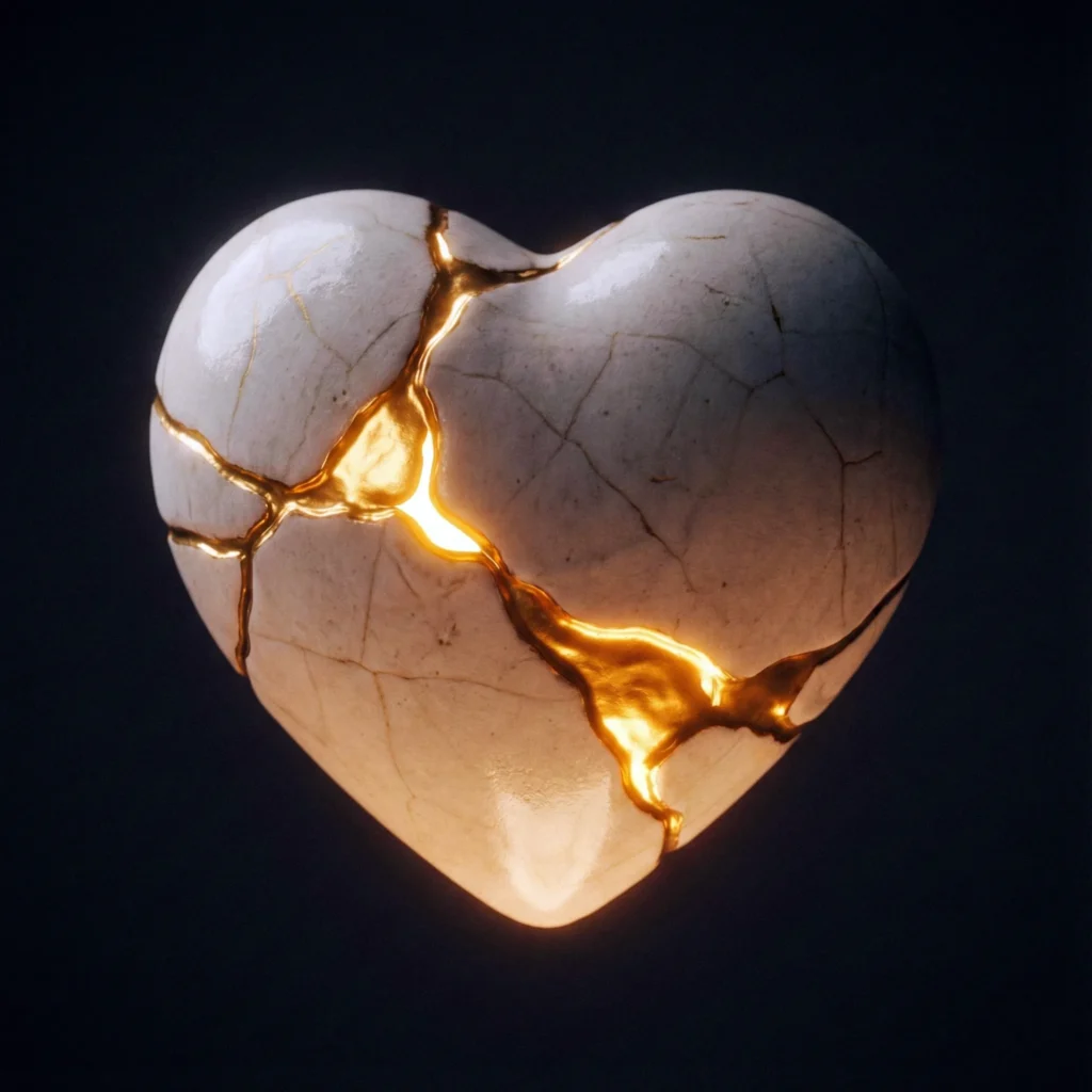 Primer plano artístico de un corazón de cerámica reparado con oro (técnica Kintsugi) sobre un fondo oscuro, simbolizando cómo nuestras heridas y dolores reparados nos hacen más valiosos y hermosos.